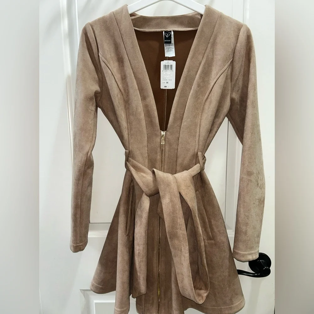 NWT Windsor M Taupe Tie-Waist Jacket / faux suede dress camel tan - Picture 3 of 6